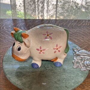 Vintage Ceramic Cow Piggy Bank with Floral Design